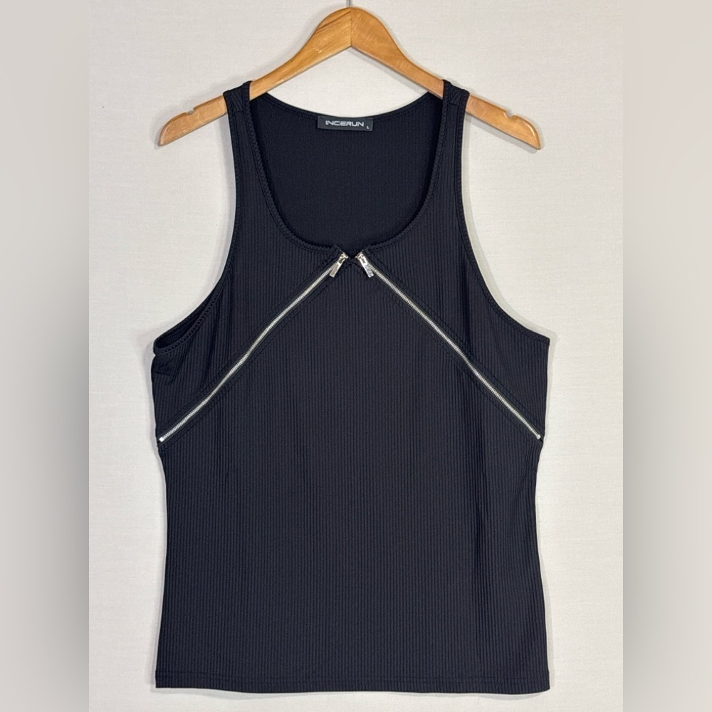 INCERUN Men’s Ribbed Black Tank Top Double Zip Front Size L